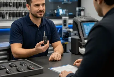 Chaveiro utilizando uma máquina para confecção de chaves codificadas em Itaituba.